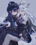  2girls animal_ear_fluff animal_ears arknights ascot black_ascot black_gloves black_hair black_hat black_vest blue_eyes blue_necktie blush breasts breath chimaki_(poi_514) chromatic_aberration closed_mouth commentary_request diagonal-striped_clothes diagonal-striped_necktie ears_through_headwear extra_ears eyewear_on_head fur_trim gloves grey_background grey_eyes grey_hair grey_pants grey_tail hair_between_eyes hair_ornament hairclip hand_on_another's_chin hand_on_another's_waist hat highres jacket lappland_(arknights) lappland_the_decadenza_(arknights) lappland_the_decadenza_(unruly_humbleness)_(arknights) light_blush long_hair long_sleeves looking_at_another medium_breasts multiple_girls necktie official_alternate_costume open_mouth pants pinstripe_pattern pinstripe_vest purple_shirt scar scar_across_eye scar_on_face shirt simple_background sitting sitting_on_lap sitting_on_person sleeves_rolled_up striped_clothes striped_necktie striped_shirt sweatdrop tail texas_(arknights) texas_the_omertosa_(arknights) texas_the_omertosa_(il_segreto_della_notte)_(arknights) vertical-striped_clothes vertical-striped_shirt vest wolf_ears wolf_girl wolf_tail yellow_eyes yuri 