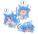  ! 1girl animal_ears blue_eyes blue_hair blue_ribbon blue_sclera blush cat_ears cat_girl cat_tail chibi chibi_only colored_sclera commentary_request full_body hair_bun hololive hoshimachi_suisei hoshimachi_suisei_(sailor) kemonomimi_mode long_hair multiple_views musical_note neck_ribbon ribbon sailor_collar sakuyat_illust simple_background single_side_bun skirt sleeping speech_bubble spoken_exclamation_mark spoken_musical_note spoken_zzz star_(symbol) star_in_eye symbol_in_eye tail white_background zzz 
