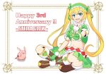  1girl absurdres anniversary blonde_hair blue_eyes boots bubu_(stella_glow) commentary_request finger_counting fingerless_gloves gloves green_gloves happy_anniversary highres indian_style liberty long_hair looking_at_viewer midriff navel pig pom_pom_(clothes) popo_(stella_glow) puffy_short_sleeves puffy_sleeves short_sleeves shorts sitting smile solo stella_glow teeth twintails upper_teeth_only very_long_hair w white_shorts 