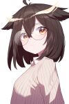  1girl absurdres ahoge arknights beudelb black_hair blush closed_mouth collar from_side highres light_particles looking_at_viewer looking_to_the_side orange_eyes owl_ears short_hair silence_(arknights) simple_background sweater white_background white_sweater wing_collar 