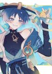  1boy anemo_symbol_(genshin_impact) aqua_gem arm_at_side armor armpit_crease belt bird black_belt black_bodysuit black_bow black_bridal_gauntlets black_hair black_shorts blue_cape blue_flower blue_hat blue_jingasa blue_kimono blue_ribbon blue_rope blue_sash blue_sky blue_sleeves blunt_ends blush bodysuit border bow bridal_gauntlets cape choppy_bangs commentary_request covered_collarbone eyeliner feathers finch flower gem genshin_impact gold grey_eyes hand_up hat highres japanese_armor japanese_clothes jingasa juban kimono kote kurokote layered_sleeves letterboxed looking_at_animal makeup male_focus mandarin_collar open_clothes open_kimono open_mouth outdoors parted_bangs pom_pom_(clothes) red_eyeliner reina_ine ribbon rope sash scaramouche_(genshin_impact) short_sleeves shorts side_cape single_off_shoulder sky solo tsurime upper_body wanderer_(genshin_impact) white_border white_kimono white_mouth white_sleeves white_trim yellow_bird yellow_feathers 