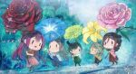  5girls asakaze_(kancolle) black_hair blue_hakama brown_hair chibi commentary_request dew_drop fairy_(kancolle) flower flower_request green_hakama grey_eyes hakama haori harukaze_(kancolle) hatakaze_(kancolle) japanese_clothes kamikaze_(azur_lane) kamikaze_(kancolle) kantai_collection long_hair matsukaze_(kancolle) mini_person minigirl morning_glory multiple_girls one_eye_closed pink_flower pink_hakama pink_rose purple_hair rain red_flower red_hakama red_rose rose short_hair solid_oval_eyes water_drop wss_(nicoseiga19993411) yellow_haori 
