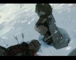  2boys aiguillette arrow_(projectile) arrow_in_body black_boots black_shorts black_sleeves blonde_hair blood blood_from_mouth blood_on_clothes blood_on_ground blood_on_snow boots ce5_ez coat corpse domino_mask eye_mask fatui_agent_(genshin_impact) fatui_coat fur-trimmed_coat fur-trimmed_hood fur_trim genshin_impact highres hood hood_up hooded_coat lapels looking_at_another mask multiple_boys open_clothes open_coat outdoors scaramouche_(genshin_impact) short_sleeves shorts sketch snowing squatting white_coat white_mask 