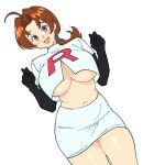  :d absurdres ahoge alternate_breast_size_(larger) ass bare_arms bare_shoulders black_gloves blush breasts brown_eyes brown_hair cleavage cowboy_shot delia_ketchum dutch_angle elbow_gloves english_commentary food forehead fruit gloves hands_up highres holding holding_plate huge_breasts legs_together long_hair looking_at_viewer low_ponytail mature_female mayu_naisu navel panties parted_bangs patreon_username pencil_skirt plate plump pokemon ponytail shirt sideboob simple_background skirt smile standing tank_top team_rocket team_rocket_uniform teeth underboob underwear upper_teeth_only watermelon watermelon_slice white_background white_panties white_shirt white_skirt yellow_tank_top 