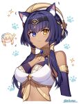  2girls ^_^ animal_ear_fluff animal_ears bangs bare_shoulders blonde_hair blue_eyes blue_hair blush breasts candace_(genshin_impact) cat_ears chibi chibi_inset cleavage closed_eyes commentary_request cropped_torso dark-skinned_female dark_skin flower flying_sweatdrops genshin_impact hair_between_eyes hair_flower hair_ornament headpiece heterochromia highres kemonomimi_mode long_hair looking_at_viewer lumine_(genshin_impact) medium_breasts multiple_girls paw_print paw_print_background simple_background solo_focus sparkle t@ke-g twitter_username upper_body white_background white_flower yellow_eyes 