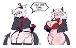 absurd_res big_breasts black_bottomwear black_clothing black_horn black_jacket black_skirt black_tail black_topwear blush bottomless bottomwear bra breasts cleavage clothed clothing demon demon_humanoid dialogue duo eyelashes female freckled_breasts freckled_face freckles front_view genitals gloves goodbyellow hair handwear helltaker hi_res horn horned_humanoid humanoid jacket legwear lucifer_(helltaker) modeus_(helltaker) mole_under_eye navel no_underwear pubes raised_bottomwear raised_clothing raised_skirt raised_sweater raised_topwear red_bra red_clothing red_eyes red_gloves red_handwear red_sweater red_topwear red_underwear short_hair simple_background skirt spade_tail speech_bubble stockings sweater tail tailed_humanoid tan_body tan_skin text thick_thighs topwear underwear vulva white_background white_hair white_horn white_pubes wide_hips