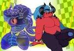 ai_racer_(sonic_racing:_crossworlds) anthro armband balls beast_ball big_muscles big_pecs big_penis black_body black_sclera blue_body blue_eyes blue_hair clothing core duo erection game_ui genitals glitch_effect glowing_chest green_background hair hi_res horn jockstrap long_hair looking_at_viewer male multicolored_body muscular muscular_anthro muscular_male nintendo overweight overweight_anthro overweight_male pecs penis pokeball pokeball_clothing pokeball_underwear pokemon purple_eyes red_body robot_anthro sega simple_background sonic_racing:_crossworlds sonic_the_hedgehog_(series) spiked_armband spikes tail the_deadly_six translucent translucent_body underwear waniiime yellow_sclera zavok zeti