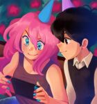  1boy 1girl antenna_hair aubrey_(faraway)_(omori) aubrey_(omori) black_eyes black_hair blue_eyes blue_nails hat highres multicolored_nails nintendo_switch omori osulan party_hat pink_hair pink_nails smile sunny_(omori) v-shaped_eyebrows 