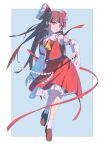  1girl ascot bow brown_hair brown_shoes chinese_commentary commentary_request detached_sleeves frilled_bow frilled_hair_tubes frills full_body gohei hair_bow hair_tubes hakurei_reimu highres holding holding_gohei long_hair looking_at_viewer lu_hua_gai red_bow red_eyes red_skirt ribbon-trimmed_sleeves ribbon_trim shoes skirt skirt_set socks solo touhou very_long_hair white_socks yellow_ascot 