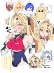  2boys 2girls ? ^^^ ahoge animal_ear_fluff animal_ears bare_shoulders billy_kid billy_kid_(starlight) blonde_hair blue_hair blush breasts cat_boy cat_ears cissia_(zenless_zone_zero) closed_mouth clothed_robot collarbone commentary_request detached_sleeves dotted_background hair_between_eyes hair_ornament hair_over_one_eye highres horns humanoid_robot large_breasts long_hair multiple_boys multiple_girls open_mouth pom_pom_(clothes) pom_pom_hair_ornament promeia_(zenless_zone_zero) purple_eyes red_eyes red_nails robot robot_boy saionji_mayoi severian_lowell snake_girl spiked_hair sweat underboob white_background white_hair yellow_eyes zenless_zone_zero 