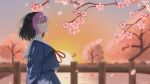  1girl black_hair blush bow cherry_blossoms colored_bangs commentary green_eyes hair_between_eyes highres lake long_sleeves looking_to_the_side multicolored_hair osu! outdoors pink_hair pippi_(osu!) red_bow ribbon sailor_collar school_uniform shirt short_hair skirt smile sonuic3 sunset two-tone_hair 