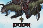  absurdres akira_(manga) armor assault_visor demon doom_(series) doomguy genu_uneg green_armor highres movie_poster_(medium) parody poster_parody praetor_suit shield_saw_(doom) shoulder_cannon space_marine title_parody 