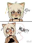 anthro blonde_hair blush canid canine canis clothing collar comic dogfailureowo domestic_dog english_text female flat_chested hair hana_(dogfailureowo) hi_res mammal open_mouth shirt simple_background smug solo surprised tank_top text topwear white_background