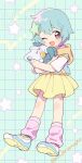  1girl animal_hug aqua_hair blue_hoodie creature hair_ornament hood hoodie katagiri_atsuko leg_warmers mahou_no_shimai_lulutto_lilly multicolored_shoes nonoyama_fuu one_eye_closed purple_eyes shirt shoes short_hair short_sleeves skirt smile star_(symbol) star_hair_ornament two-tone_hoodie two-tone_shoes uguisu_(mahou_no_shimai_lulutto_lilly) watermark white_shirt yellow_skirt yume_kawaii 