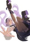  1girl ahoge ascot black_shoes bow bowtie brown_pantyhose commentary_request drill_hair drill_sidelocks floating_hair gem hairband highres kei201107 long_hair looking_at_viewer pantyhose parted_lips pointy_ears purple_ascot purple_bow purple_bowtie purple_gem purple_hair purple_hairband red_eyes shoe_soles shoes shrug_(clothing) sideboob_cutout sidelocks simple_background solo vivian_banshee white_background white_shrug zenless_zone_zero 