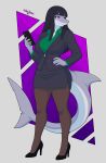 absurd_res anthro aquatic artkantos big_breasts black_clothing black_hair black_suit breasts clothing colored_nails daniela_sanchez fan_character female fish footwear garavakarian grey_body hair hi_res high_heels nails non-mammal_breasts purple_background purple_eyes purple_nails shark shark_tail shoes simple_background smile solo suit trans_(lore) trans_woman_(lore)