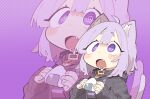  1girl @_@ animal_ears black_hoodie cat_ears cat_tail cocomayo29_(tomato) commentary_request fang food hololive hood hood_down hoodie korean_commentary nekomata_okayu nekomata_okayu_(1st_costume) onigiri open_mouth purple_background purple_eyes purple_hair saliva simple_background solo_focus tail virtual_youtuber 