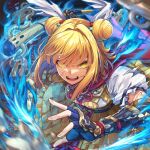  1girl album_cover armor armored_dress blonde_hair blue_fire commentary_request cover cracked_skin double_bun dress fingerless_gloves fire gloves hair_bun hair_ribbon haniwa_(statue) holding joutouguu_mayumi k2e-cradle looking_at_viewer medium_hair open_mouth puffy_short_sleeves puffy_sleeves purple_gloves re_(re_09) ribbon short_sleeves solo teeth torn_clothes touhou upper_teeth_only vambraces white_ribbon yellow_dress yellow_eyes 