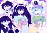  +_+ 2boys 2girls :3 absurdres antenna_hair aubrey_(headspace)_(omori) aubrey_(omori) basil_(headspace)_(omori) basil_(omori) basket blue_overalls blue_shirt bra_strap checkered_clothes closed_eyes collared_shirt colored_skin commentary double-parted_bangs easter_egg egg english_commentary flower flower_wreath forest_bunny_(omori) green_shirt grin hair_between_eyes head_wreath hector_(omori) highres holding holding_basket kel_(headspace)_(omori) kel_(omori) long_hair long_shirt looking_at_another looking_at_viewer mari_(headspace)_(omori) mari_(omori) multiple_boys multiple_girls omori one_eye_closed open_mouth overalls pet_rock purple_eyes purple_hair purple_sweater_vest seamussels shirt short_hair short_sleeves sidelocks smile something_(omori) sweater_vest t-shirt tank_top teeth tongue upper_teeth_only white_shirt white_skin 