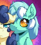  absurd_res amber_eyes annoyed blue_eyes blue_hair duo earth_pony equid equine face_lick friendship_is_magic green_hair hair hi_res horn horse licking looking_at_viewer lyra_heartstrings_(mlp) mammal multicolored_hair my_little_pony pony tongue tongue_out twhite_hair two_tone_hair unicorn 