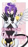  1girl anniversary black_eyes commentary_request doll_joints finger_counting giselle_(stella_glow) highres joints liberty looking_at_viewer purple_hair red_pupils robot_girl single_mechanical_wing solo stella_glow 