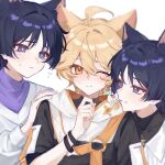  3boys :< aether_(genshin_impact) aether_(truth_&amp;_justice)_(genshin_impact) ahoge alternate_costume animal_ear_fluff animal_ears black_hair black_hoodie black_tank_top blonde_hair blue_eyes blue_pupils blunt_ends blush cat_boy cat_ears clenched_hand closed_mouth collared_shirt colored_inner_hair commentary covered_collarbone crying crying_with_eyes_open dual_persona earrings eyeshadow flying_teardrops genshin_impact gold_necklace hand_on_another's_shoulder hand_up hood hoodie huge_ahoge jewelry kemonomimi_mode long_hair long_sleeves looking_at_another looking_at_viewer makeup male_focus multicolored_hair multiple_boys necklace official_alternate_costume one_eye_closed open_clothes open_shirt parted_bangs puffy_long_sleeves puffy_sleeves purple_hair purple_sweater red_eyeshadow sad scaramouche_(genshin_impact) scaramouche_(kabukimono)_(genshin_impact) shirt short_hair short_sleeves simple_background single_earring smile sparkle sweatdrop sweater tank_top tears teeth tsuyaryouyado turtleneck turtleneck_sweater two-tone_hoodie untranslatable_commentary upper_body wanderer_(genshin_impact) wanderer_(impression)_(genshin_impact) white_background white_hoodie white_shirt wristband yaoi 