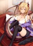  1girl black_thighhighs blonde_hair breasts cleavage clothing_cutout cluseller dragon_horns dragon_tail dragon_wings forehead_jewel gun horns indie_virtual_youtuber large_breasts long_hair looking_at_viewer red_eyes shorts shoulder_cutout sitting solo tail thighhighs virtual_youtuber weapon wings 