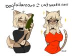 alternate_species anthro big_breasts bodily_fluids breasts canid canine canis clothing dogfailureowo domestic_cat domestic_dog drooling felid feline felis female flat_chested grin hana_(dogfailureowo) hi_res huge_breasts legwear mammal panties saliva simple_background smile solo thigh_highs underwear white_background wine_bottle