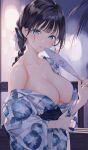  1girl bangs black_hair black_sash blue_eyes braid breasts cleavage floral_print hand_fan highres holding holding_fan japanese_clothes kimono kinako_(shiratama_mochi) large_breasts long_hair looking_at_viewer off_shoulder original paper_fan parted_lips print_kimono sash sidelocks signature single_bare_shoulder solo standing white_kimono wide_sleeves yukata 