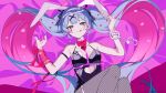  1girl :q absurdres ace_(playing_card) ace_of_hearts ahoge animal_ears black_leotard blue_eyes blue_hair blunt_bangs blush bow bowtie breasts broken_heart card center-flap_bangs clothing_cutout colored_inner_hair commentary_request copyright_notice cuffs cutout_above_navel detached_collar duplicate facial_mark fake_animal_ears fishnets hair_ornament hairclip handcuffs hatsune_miku headband heart heart_ahoge heart_cutout heart_hair_ornament highres leotard long_hair looking_at_viewer lying multicolored_hair nail_polish necktie o-ring o-ring_thigh_strap object_in_bra official_art omutatsu on_back pantyhose pink_bow pink_bowtie pink_hair pink_necktie pink_pupils pixel-perfect_duplicate playboy_bunny playing_card rabbit_ears rabbit_hole_(vocaloid) rabbit_o-ring sheet_grab short_necktie sidelocks small_breasts smile solo teardrop_facial_mark thigh_strap tongue tongue_out twintails vocaloid white_headband x_hair_ornament 