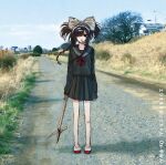  1girl bandaid bandaid_on_leg black_eyes black_hair black_serafuku blood blunt_bangs bow braid closed_mouth denpa_onna_to_seishun_otoko full_body hair_bow hair_over_one_eye hairband hedge_clippers highres holding knife_hair_ornament long_hair nosebleed original photo_background pleated_skirt red_bow ro5jlo rural school_uniform serafuku shinsei_kamattechan shoes skirt smile solo standing twin_braids two_side_up uwabaki white_bow 