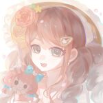  1girl bare_shoulders brown_eyes brown_hair character_doll chinese_commentary collarbone commentary_request dated doll dot_nose drill_hair eyelashes flower frilled_headwear hair_flower hair_ornament hairclip happy hat highres holding holding_doll infinity_nikki jewelry long_hair necklace nikki_(nikki) nikki_(series) open_mouth orange_flower orange_rose petals pink_flower pink_rose rose sanwenyuyuzi sidelocks signature simple_background smile stylist_(nikki) sun_hat teeth tri_tails upper_body upper_teeth_only white_background white_flower yellow_flower yellow_hat 