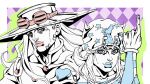  2boys araki_hirohiko_(style) argyle_background beanie beard blue_lips blue_nails commentary cowboy_hat english_commentary facial_hair flat_color goggles goggles_on_headwear greyscale_with_colored_background gyro_zeppeli hat heart_ornament high_collar highres hood hood_down hoodie horse_print horseshoe_hat_ornament horseshoe_ornament index_finger_raised johnny_joestar jojo_no_kimyou_na_bouken jojo_pose limited_palette long_hair luiz274l makeup male_focus multiple_boys official_style partially_colored pink_eyes pink_lips pointing pointing_up shirt spot_color star_(symbol) star_print steel_ball_run studded_shirt 