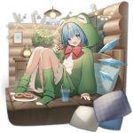  1girl :d alternate_costume animal_costume bed_frame blue_hair blue_wings blush bow bowtie ceiling_light chest_of_drawers cirno cup detached_wings disposable_cup donut drinking_straw eating fingernails food food_on_face frog_costume full_body game_asset green_socks holding holding_food ice ice_wings indoors kneehighs knees_up lantern light_bulb long_sleeves looking_at_viewer non-web_source official_art on_bed open_mouth picture_frame pillow plant plate potted_plant purple_eyes red_bow red_bowtie self-datamine short_hair simple_background sitting smile socks solo toma_(norishio) touhou touhou_arcadia_record transparent_background wings wooden_wall 