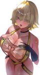  1girl ahoge ang bare_shoulders black_choker blonde_hair blush breasts choker cleavage clothing_cutout collarbone darufui_kh elegg_(boom_and_shock)_(nikke) elegg_(nikke) game_controller_print gloves goddess_of_victory:_nikke hair_intakes hair_over_eyes heart_cutout highres large_breasts official_alternate_costume open_mouth rabbit_choker rabbit_ornament see-through_clothes see-through_slingshot_swimsuit short_hair simple_background single_glove slingshot_swimsuit smile solo swimsuit two-tone_slingshot_swimsuit yellow_slingshot_swimsuit 