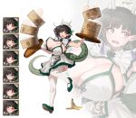  1girl absurdres alternate_breast_size_(larger) bamboo_steamer banana_peel biscione_(fate) black_hair blush breasts china_dress chinese_clothes cleavage clumsy commentary_request covered_nipples crown dragon_girl dragon_horns dragon_tail dress earrings fate/grand_order fate_(series) food frilled_dress frills full_body green_scales green_shoes green_tail highres holding holding_tray horns huge_breasts jewelry mini_crown multicolored_hair pointy_ears red_eyes scales shibao_aoyama shoes short_hair simple_background single_earring sleeveless solo steamed_bun streaked_hair sweatdrop tail tears thighhighs tray tripping white_background white_horns white_thighhighs zoom_layer 
