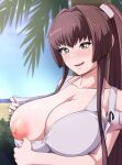  1girl bare_arms bare_shoulders bikini blush breasts brown_eyes brown_hair cleavage collarbone day hair_between_eyes kantai_collection large_breasts long_hair nikku_(nzaf5832) nipples open_mouth palm_leaf palm_tree ponytail smile solo swimsuit tree upper_body very_long_hair white_bikini yamato_(kancolle) yamato_kai_ni_(kancolle) 