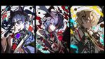  3boys adapted_costume albedo_(genshin_impact) bespectacled bishounen black_gloves black_horns black_sleeves black_wings blonde_hair blue_eyes blunt_ends bracelet cape cat_boy claws closed_mouth coat column_lineup dragon_boy dragon_horns dragon_wings durin_(genshin_impact) fangs fuzijo gem genshin_impact glasses gloves hand_up highres horns jewelry layered_sleeves long_sleeves looking_at_viewer multiple_boys off_shoulder open_mouth ponytail purple_cape purple_gem purple_hair red_eyes rimless_eyewear scaramouche_(genshin_impact) short_ponytail side_cape skull slit_pupils smile tassel teeth upper_teeth_only wanderer_(genshin_impact) white_coat white_sleeves wings wispy_bangs 