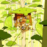  1girl 3others all_fours backpack bag bird black_hair blue_bird bonsai book bookshelf cat chair chinese_commentary commentary forest full_body furry glasses green_bird green_shirt green_theme highres house moss multiple_others nature orange_bird original poster_(object) scenery shirt standing statue tree treehouse white_bird white_cat white_shirt wooden_floor yellow_bird zaoyu_lin 