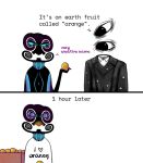 2026 2_panel_comic akizet_(corru.observer) cherridwan clothed clothed_humanoid clothing comic corru.observer duo english_text female food fruit gordon_(corru.observer) heart_symbol holding_food holding_fruit holding_object holding_orange humanoid male not_furry obesk orange_(fruit) plant print_clothing print_shirt print_t-shirt print_topwear shirt simple_background substance_intoxication t-shirt text topwear white_background wide_eyed