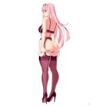  1girl absurdres aqua_eyes artist_name ass ass_grab ass_support bangs black_footwear blunt_bangs breasts character_name cleaned commentary danfer3 darling_in_the_franxx deep_skin from_behind full_body garter_belt grabbing_own_ass high_heels highres horns large_breasts light_smile lingerie long_hair looking_at_viewer looking_back non-web_source oni_horns petals pink_hair red_horns shoes solo standing stiletto_heels straight_hair thighhighs thong underwear very_long_hair zero_two_(darling_in_the_franxx) 