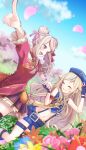  2girls :d ^_^ ahoge armband belt belt_buckle beret black_belt black_skirt blonde_hair blue_flower blue_gloves blue_hat blue_shorts blue_sky blue_streaks blue_vest bracelet braid braided_base buckle bun_with_braided_base buttons china_dress chinese_clothes chromatic_aberration cleavage_cutout closed_eyes clothing_cutout cloud commentary_request cropped_vest day double-breasted double_bun dress dutch_angle facing_another falling_petals fang fingerless_gloves flower flower_knot frilled_skirt frilled_sleeves frills gloves grin groin hair_bun hair_flaps hair_ribbon hat highres himehina_channel holding_hands jewelry light_blush long_hair long_sidelocks looking_at_another meadow midriff miniskirt multicolored_hair multiple_girls navel open_mouth orange_flower outdoors outstretched_arm pankou parted_bangs petals pink_flower pink_petals pink_ribbon pleated_skirt pointing profile purple_eyes red_armband red_dress red_streaks ribbon sash short_shorts short_sleeves shorts shoulder_sash side_part side_slit sidelocks sideways_mouth silver_bracelet skirt skirt_under_dress sky sleeveless smile streaked_hair suspender_shorts suspenders suzuki_hina tanaka_hime tassel thigh_strap tree turning_head two-tone_hair very_long_hair vest virtual_youtuber walking white_hair wristband yellow_flower yu-ki_(user_dttw2327) 