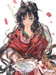  1girl absurdres black_hair blue_eyes bowl chinese_clothes chinese_commentary chinese_paper-cut closed_mouth commentary_request hair_bun hanfu hat_on_back highres holding holding_bowl jian_(weapon) long_hair looking_at_viewer mole mole_above_eye paper_heron papercutting red_hanfu reverse:1999 smile solo songshanjian upper_body watermark weapon weapon_on_back weibo_watermark weimao white_background 