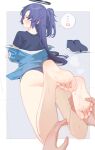  1girl ass bare_legs barefoot black_halo blue_archive blue_buruma blue_jacket blue_shirt blue_shoes blush buruma feet foot_focus halo highres holding_another's_feet jacket jacket_partially_removed long_hair looking_at_viewer looking_back lying mechanical_halo on_stomach ponytail purple_eyes purple_hair shirt shoes short_ponytail short_sleeves simple_background soles speech_bubble star_on_cheek steam steaming_body sweat sweatdrop the_pose track_jacket unworn_shoes yuu_(yuu_ammy) yuuka_(blue_archive) yuuka_(track)_(blue_archive) 