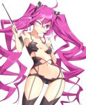  1girl ahoge bangs bikini black_bikini black_collar black_thighhighs breasts collar detached_collar detached_sleeves glasses grace_(sound_voltex) hair_between_eyes halo headset kuro_(be_ok) long_hair navel pink_eyes pink_hair small_breasts solo sound_voltex strapless strapless_bikini swimsuit thighhighs twintails wand 