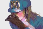  1boy absurdres argyle_clothes argyle_sweater blonde_hair blood blue_bow blue_eyes blue_helmet blue_sweater blush bow brown_gloves commentary commentary_request covering_own_mouth diego_brando gloves hair_between_eyes hand_over_own_mouth hat hat_bow helmet highres hpshpis0 jojo_no_kimyou_na_bouken korean_commentary long_sleeves male_focus medium_hair nosebleed pixel_art purple_eyes simple_background solo steel_ball_run sweater turtleneck turtleneck_sweater white_background 