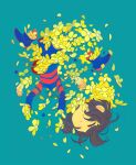  aqua_background bangs blue_footwear blue_shirt blue_shorts boots brown_hair closed_eyes closed_mouth floating flower frisk_(undertale) looking_down shirt short_hair shorts simple_background soseji_(tjduswjd) split striped striped_shirt teleport undertale yellow_flower 