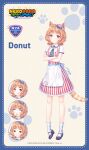 1girl :< :3 ahoge animal_ear_fluff animal_ears animal_hands apron bell blush buttons cat_ears cat_girl cat_tail character_name collared_dress copyright_name crossed_arms curly_hair donut_(nekopara) dress expressionless frills hat hat_request knees long_tail looking_at_viewer looking_to_the_side medium_hair multicolored_hat name_tag necktie nekopara nekopara_sekai_connect official_art orange_fur orange_hair pale_skin paw_print paw_print_background plaid_clothes plaid_necktie plaid_socks purple_shoes red_eyes sayori_(neko_works) shoes short_sleeves socks sparkle striped_clothes striped_dress striped_tail surprised tail tongue tongue_out waist_apron white_apron 