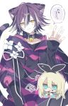  1boy 1girl :3 ^^^ absurdres alice's_adventures_in_wonderland alice_(alice_in_wonderland) animal_ear_fluff animal_ears bell belt_collar black_bow black_collar black_hairband black_streaks blonde_hair blue_eyes blush bow bow_hairband cat_boy cat_ears cat_tail checkerboard_cookie cheshire_cat_(alice_in_wonderland) chibi chibi_inset closed_mouth collar collarbone commentary_request cookie dot_nose double-parted_bangs drawstring flower flower_trim food food_on_face hair_between_eyes hairband hand_up highres holding holding_cookie holding_food hood hood_down hoodie index_ring jewelry jingle_bell layered_sleeves long_hair_between_eyes long_sleeves looking_at_viewer male_focus multicolored_hair neck_bell open_mouth outline personification purple_hair purple_hoodie ribbon ring short_hair short_over_long_sleeves short_sleeves simple_background sleeves_past_wrists slit_pupils smile solo_focus speech_bubble streaked_hair striped_clothes striped_hoodie striped_tail tail translation_request twitter_username two-handed undershirt upper_body v-shaped_eyebrows waving white_background white_flower white_outline white_ribbon white_streaks yakinikusakoku yellow_eyes 