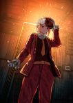  1girl :3 absurdres barotrauma belt blonde_hair closed_mouth clown_mask cluren coat commentary cowboy_shot detonator gloves highres holding_detonator mask necktie original pants red_coat red_eyes red_pants smile solo submarine watercraft 